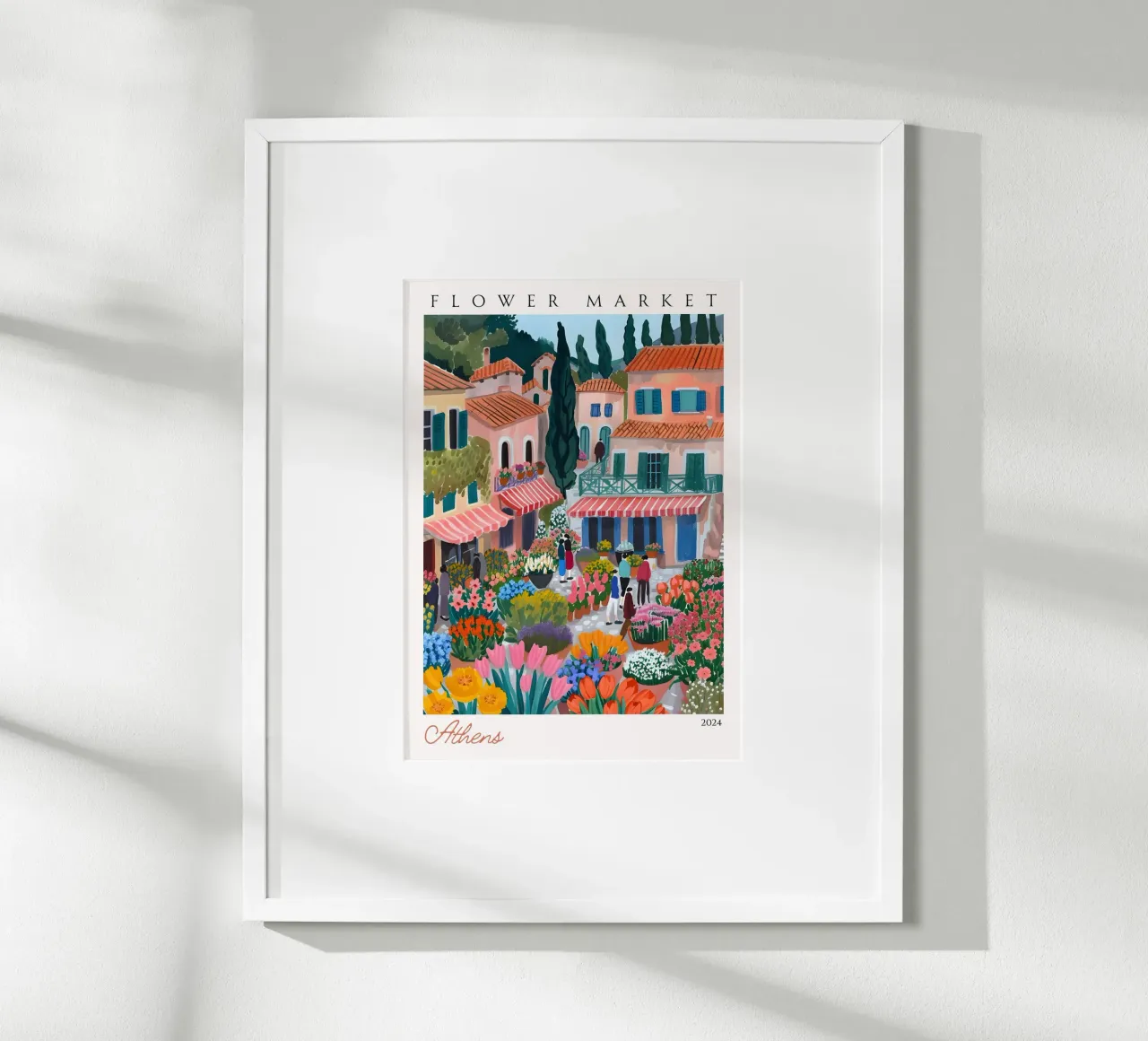 Mercato dei fiori di Atene, paesaggio urbano greco, arte vibrante, Grecia P poster con telaio in legno da homdeco