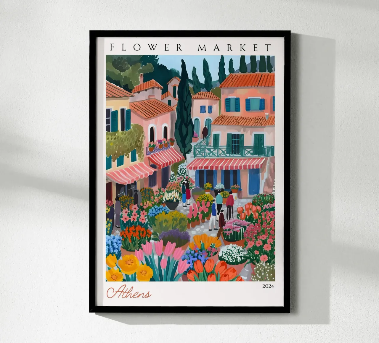 Mercato dei fiori di Atene, paesaggio urbano greco, arte vibrante, Grecia P poster con telaio in legno da homdeco