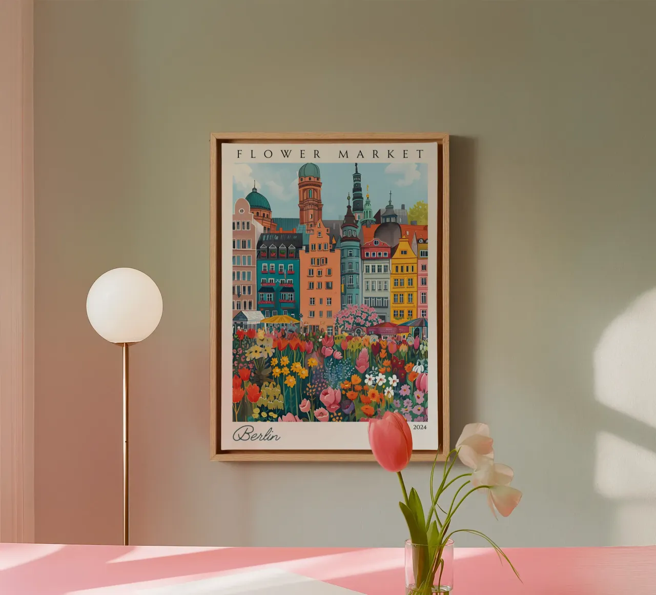 Bloemenmarkt Berlijn, Duitsland, Levendige kunst, Stadsgezicht canvas met Baklijst van homdeco