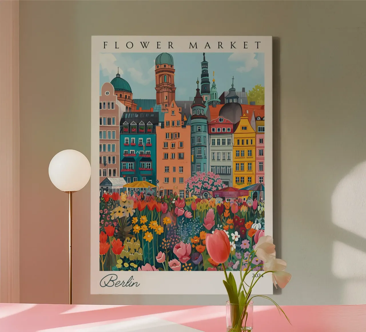 Bloemenmarkt Berlijn, Duitsland, Levendige kunst, Stadsgezicht canvas met Baklijst van homdeco