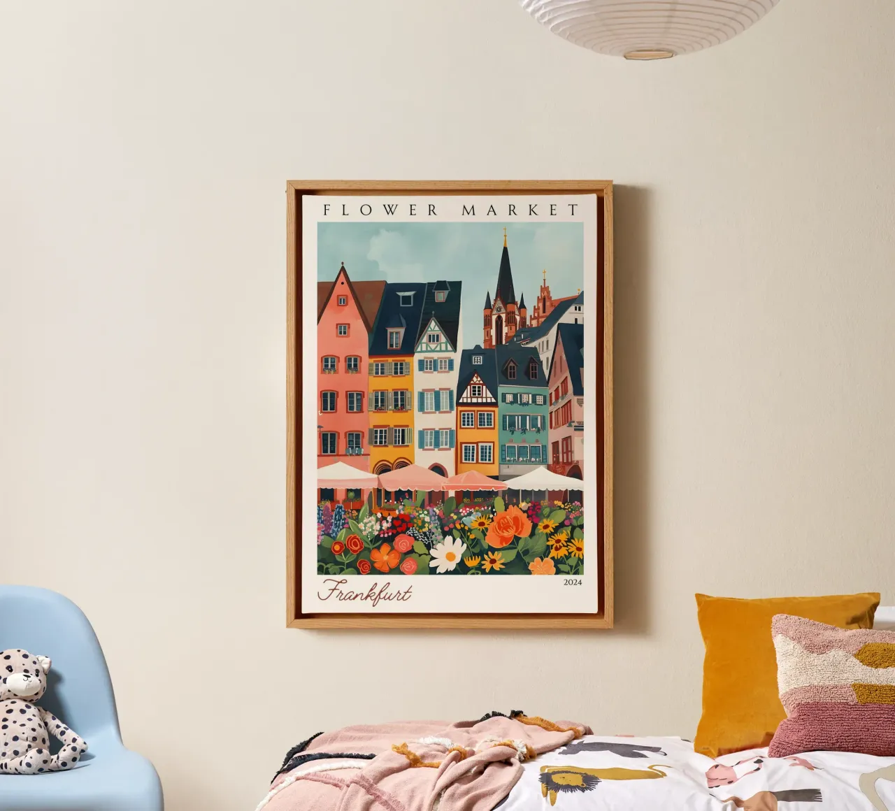 Bloemenmarkt Frankfurt, Duitsland, Levendige kunst, stadsgezicht canvas met Baklijst van homdeco