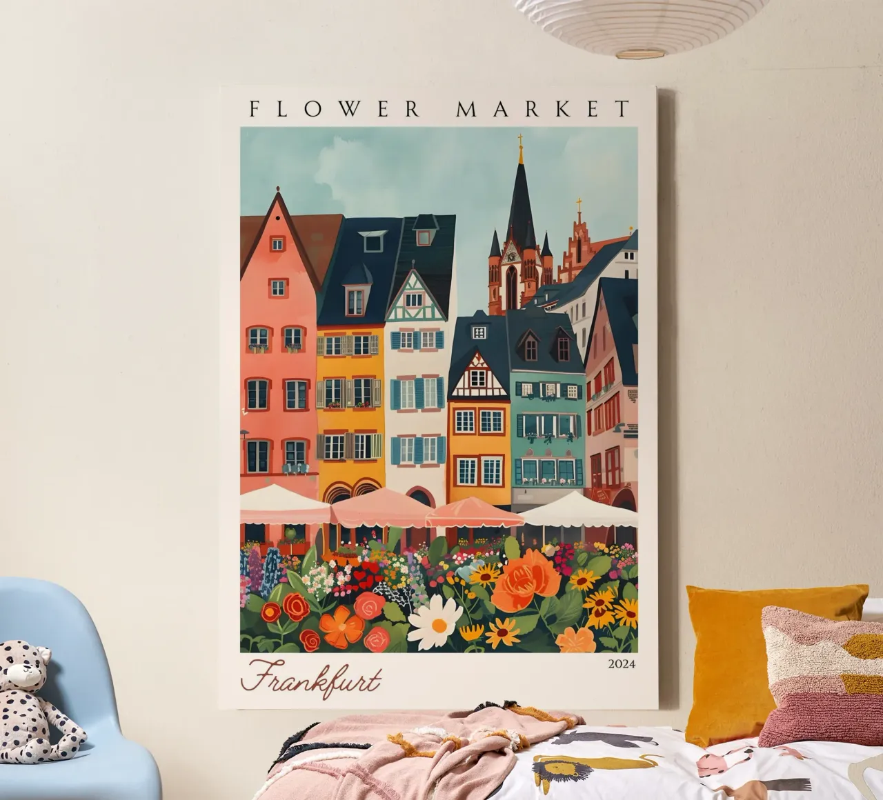 Bloemenmarkt Frankfurt, Duitsland, Levendige kunst, stadsgezicht canvas met Baklijst van homdeco