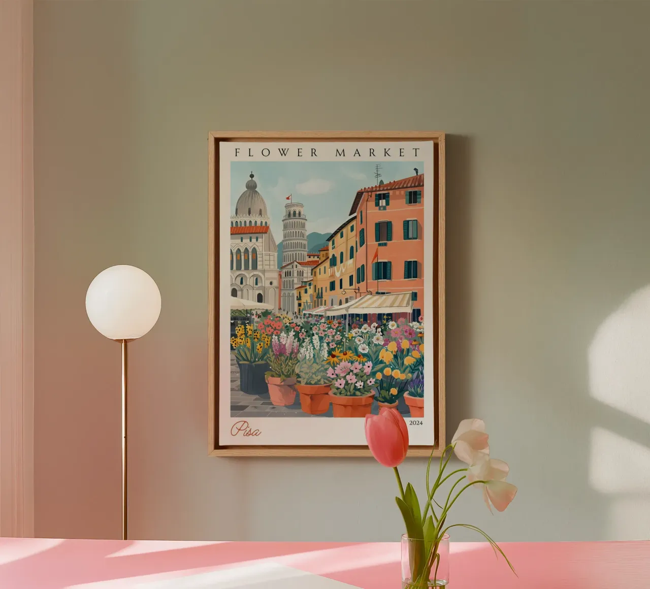 Bloemenmarkt van Pisa, Scheve Toren, Italië, Levendige Kunst canvas met Baklijst van homdeco