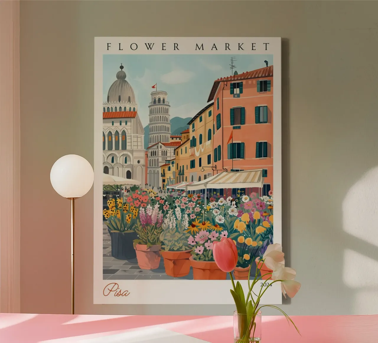 Bloemenmarkt van Pisa, Scheve Toren, Italië, Levendige Kunst canvas met Baklijst van homdeco