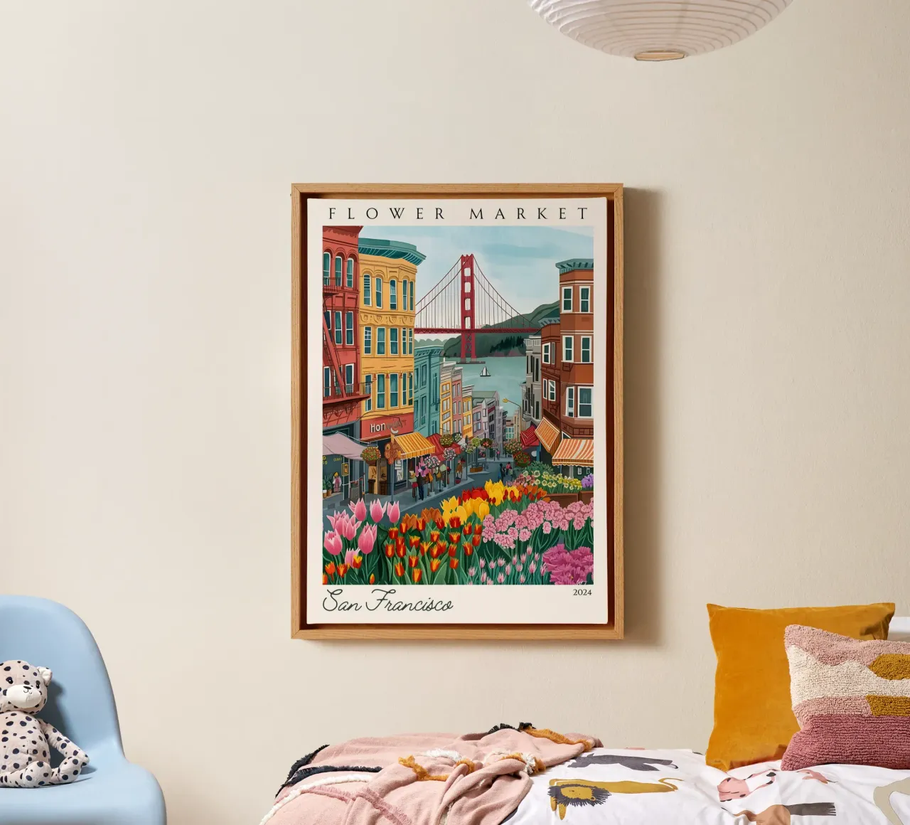Bloemenmarkt in San Francisco, Golden Gate Bridge, Levendige kunst canvas met Baklijst van homdeco