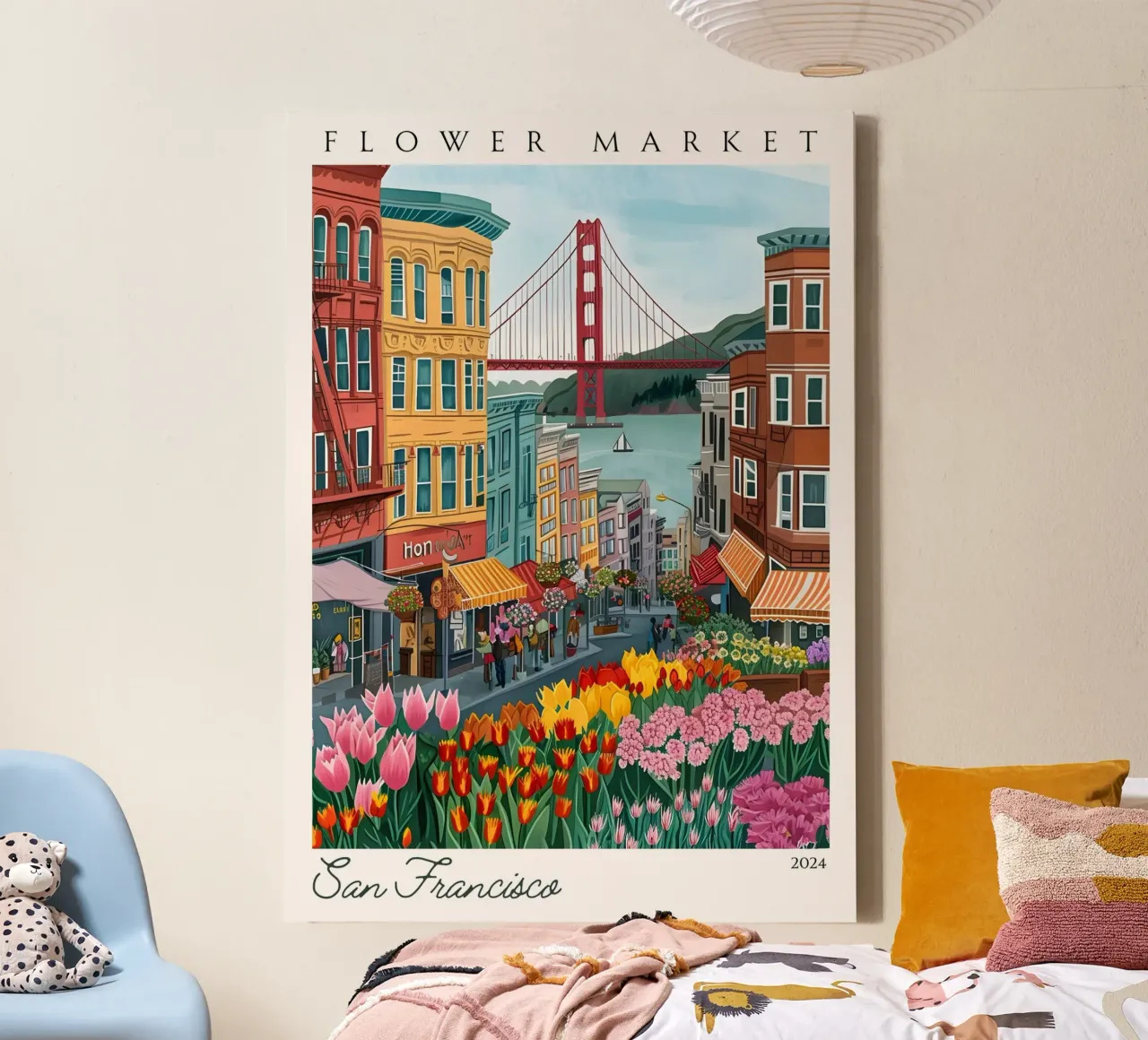 Bloemenmarkt in San Francisco, Golden Gate Bridge, Levendige kunst canvas met Baklijst van homdeco