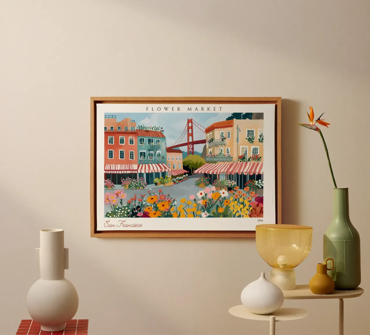 Bloemenmarkt in San Francisco, Golden Gate Bridge, Levendige kunst canvas met Baklijst van homdeco