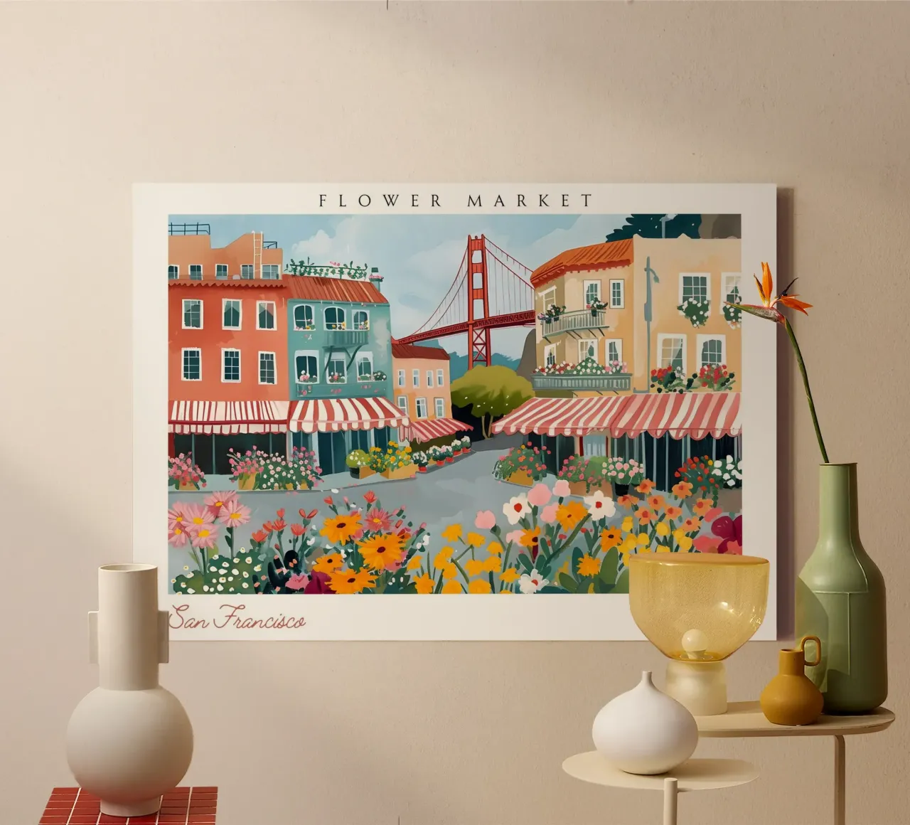 Bloemenmarkt in San Francisco, Golden Gate Bridge, Levendige kunst canvas met Baklijst van homdeco
