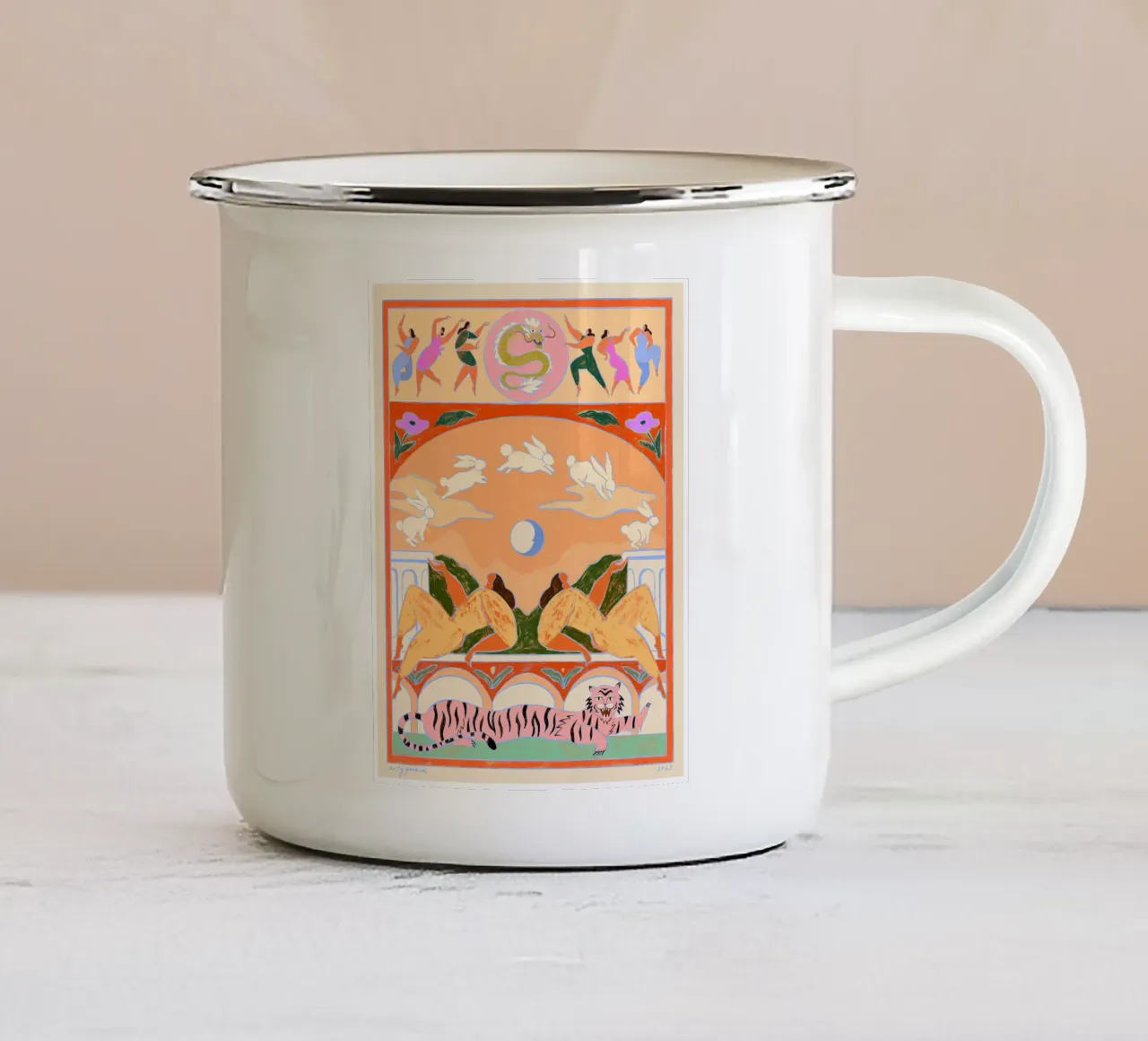 Rabbit Jumps Over The Moon taza de esmalte de Arty Guava