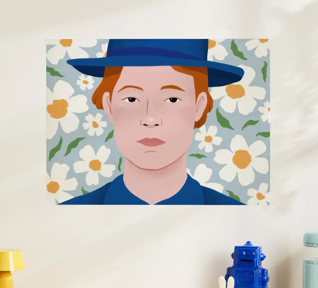 Ritratto con corona di margherite poster con telaio in plastica da Luna Aura