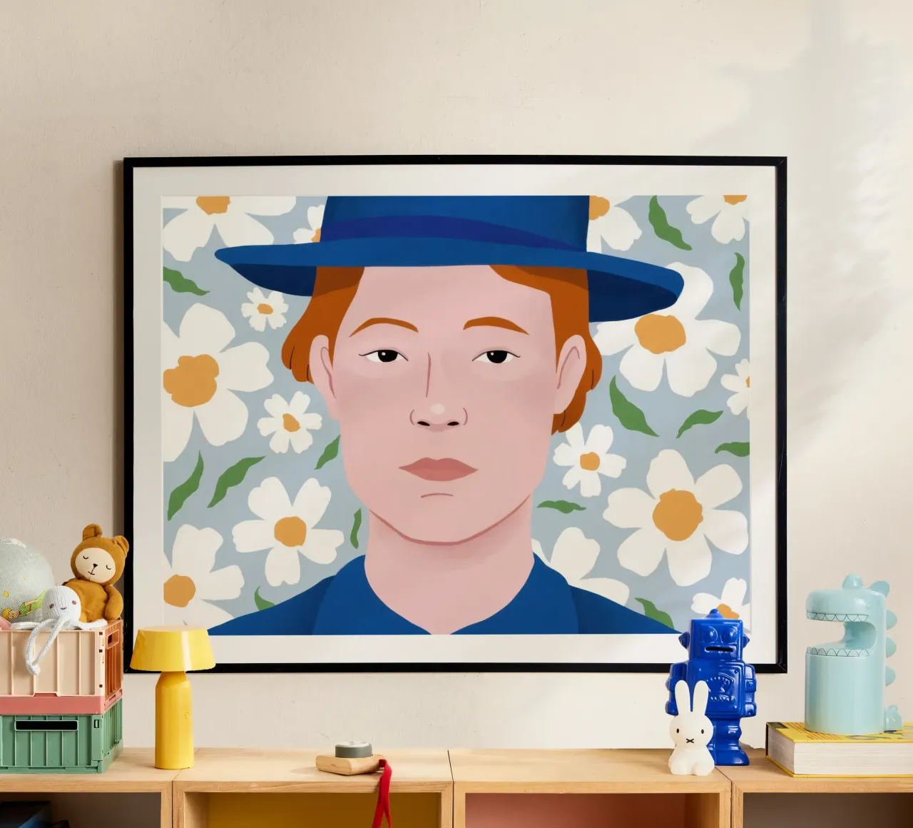 Ritratto con corona di margherite poster con telaio in plastica da Luna Aura