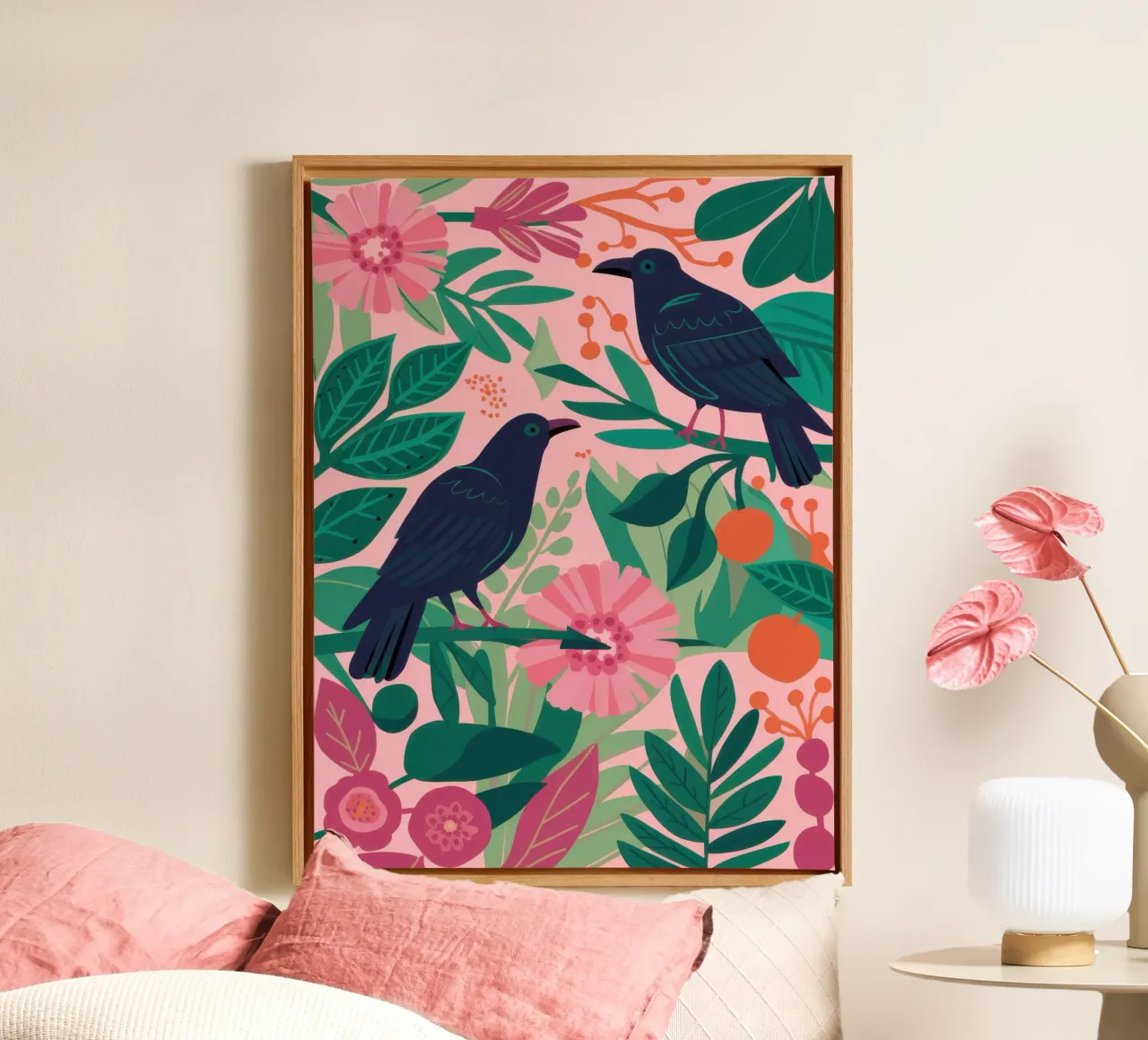 Due corvi in rosa tela con Cornice a cassetta da Irish Strokes