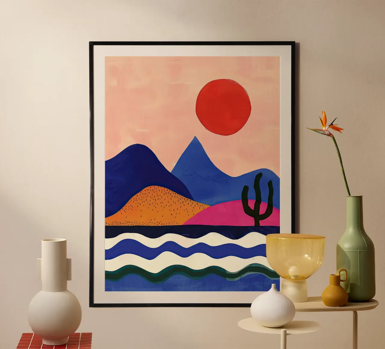 Orizzonte caldo e onde fluenti poster con telaio in plastica da DaarbyN