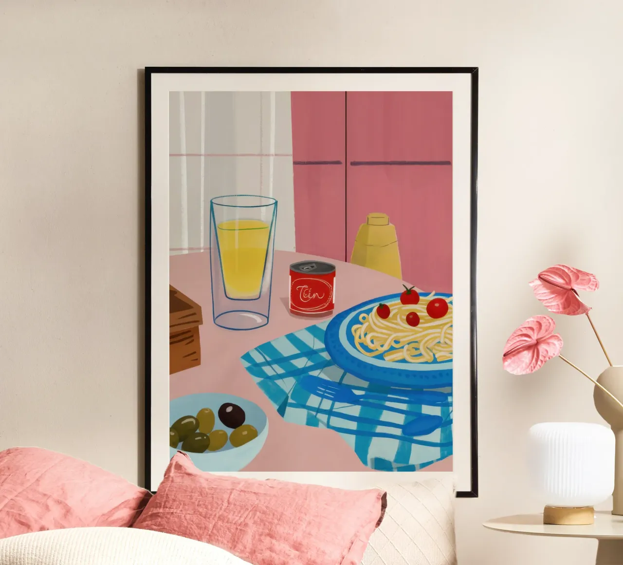 Cena a base di pasta a scacchi poster con telaio in legno da Irish Strokes
