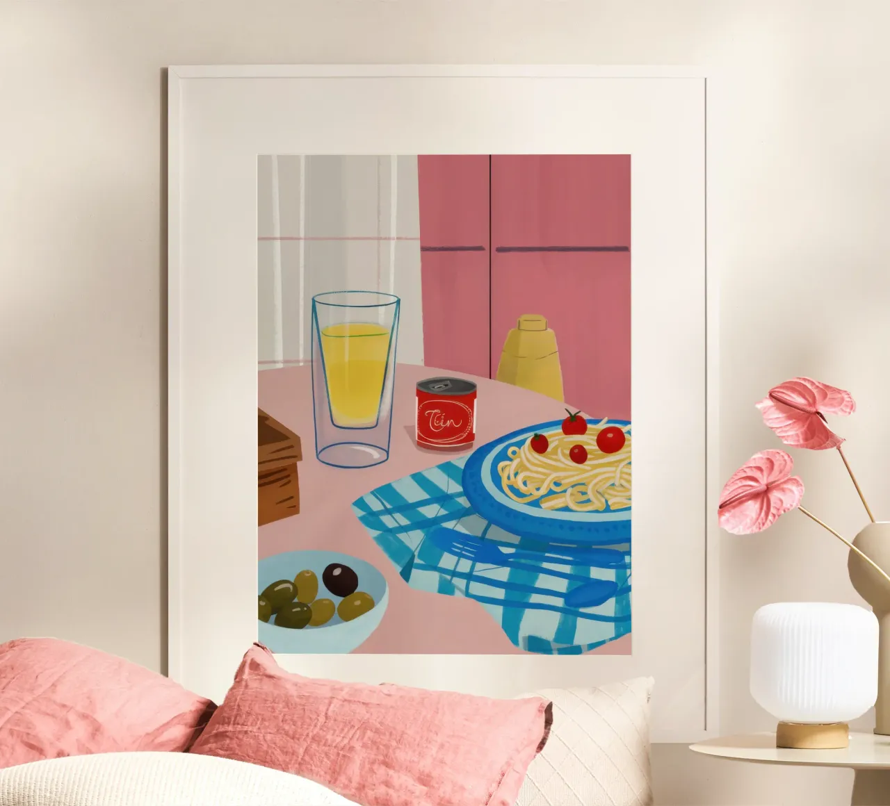 Cena a base di pasta a scacchi poster con telaio in legno da Irish Strokes
