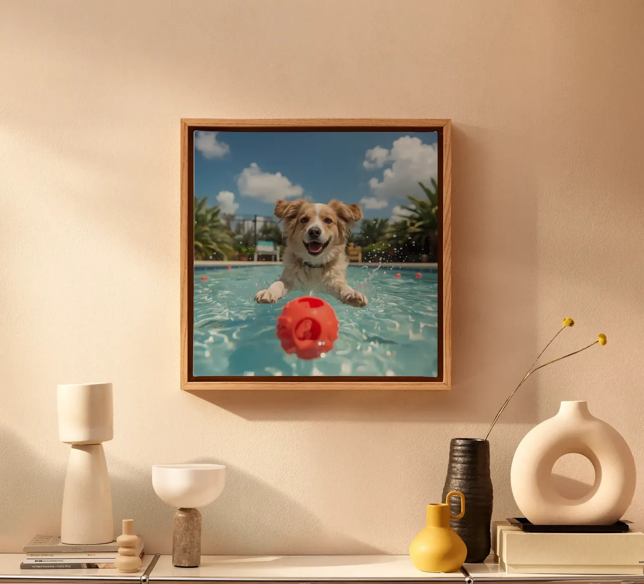 Dog Swimming in Pool with Red Ball canvas with Floater frame by DesignDoodle