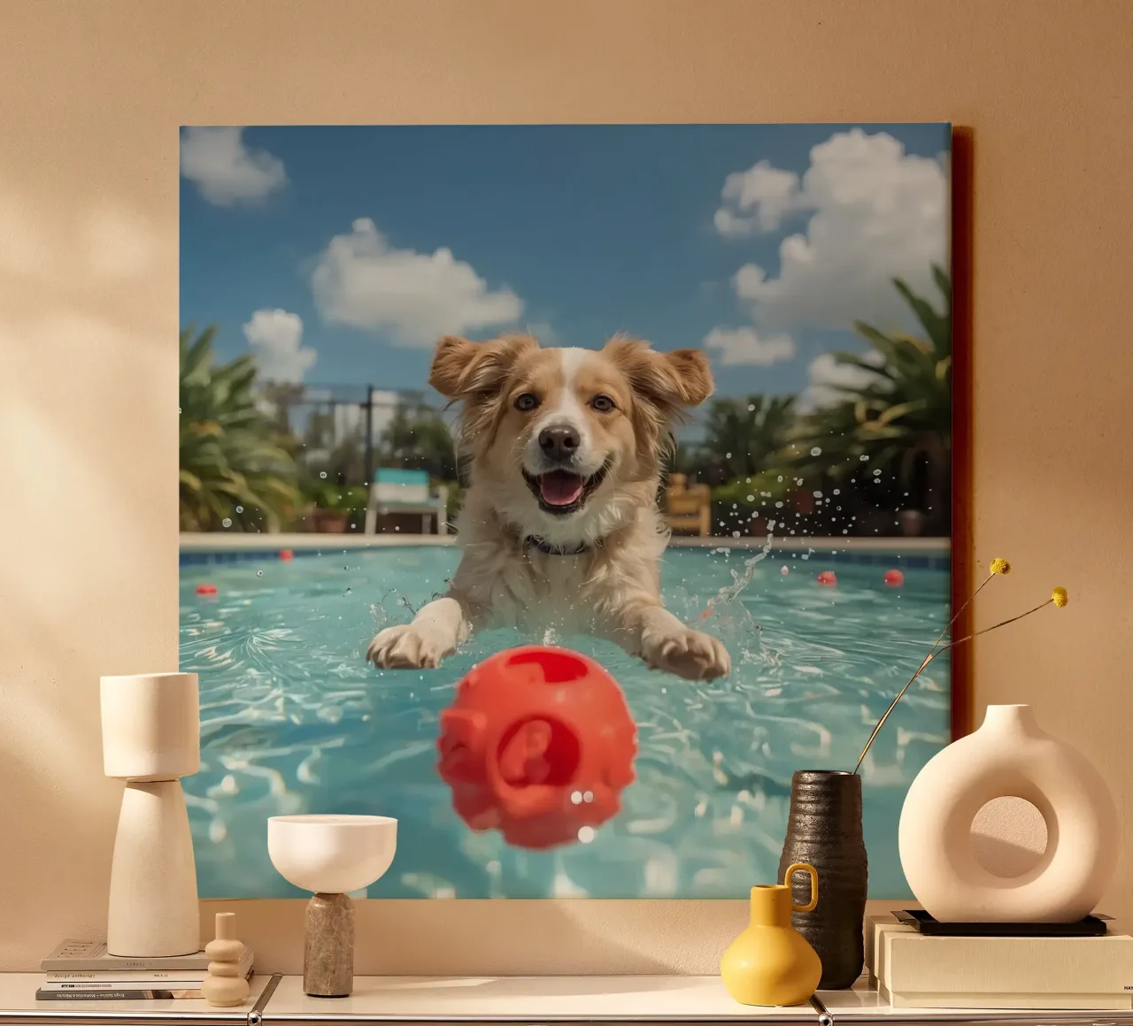 Dog Swimming in Pool with Red Ball canvas with Floater frame by DesignDoodle