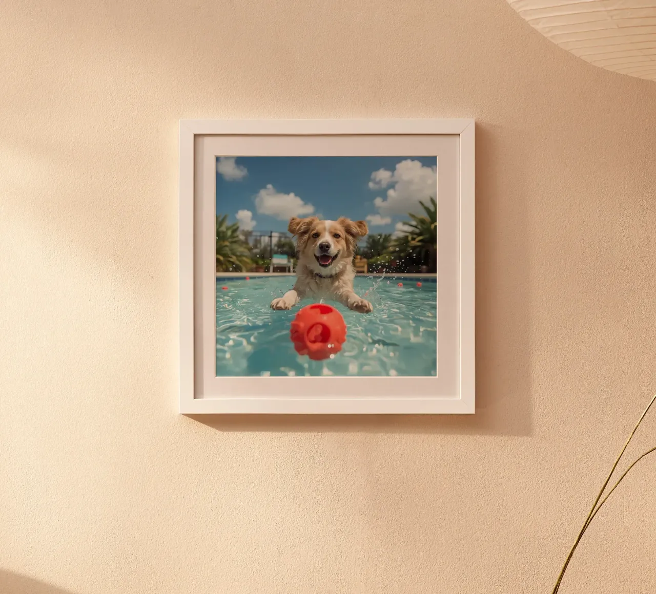 Chien nageant dans une piscine avec une balle rouge poster avec cadre en plastique de DesignDoodle