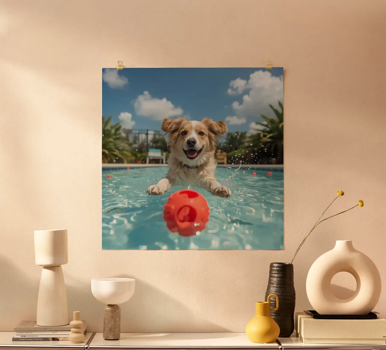 Chien nageant dans une piscine avec une balle rouge poster avec cadre en plastique de DesignDoodle