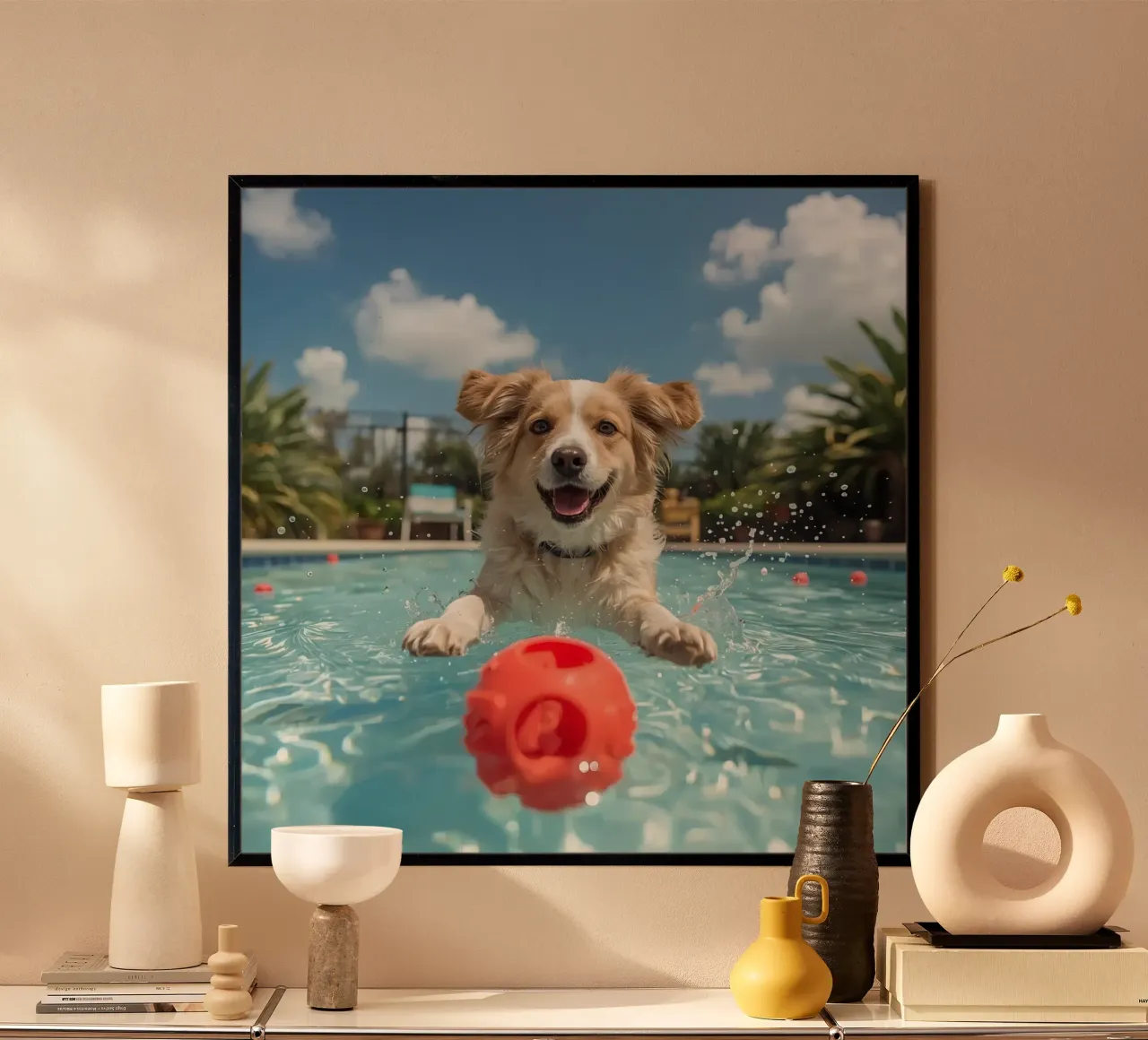 Chien nageant dans une piscine avec une balle rouge poster avec cadre en plastique de DesignDoodle