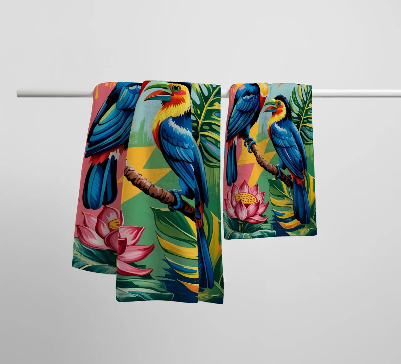 Monstera and Bird toucan Forest asciugamano da bagno da Jeff Studio