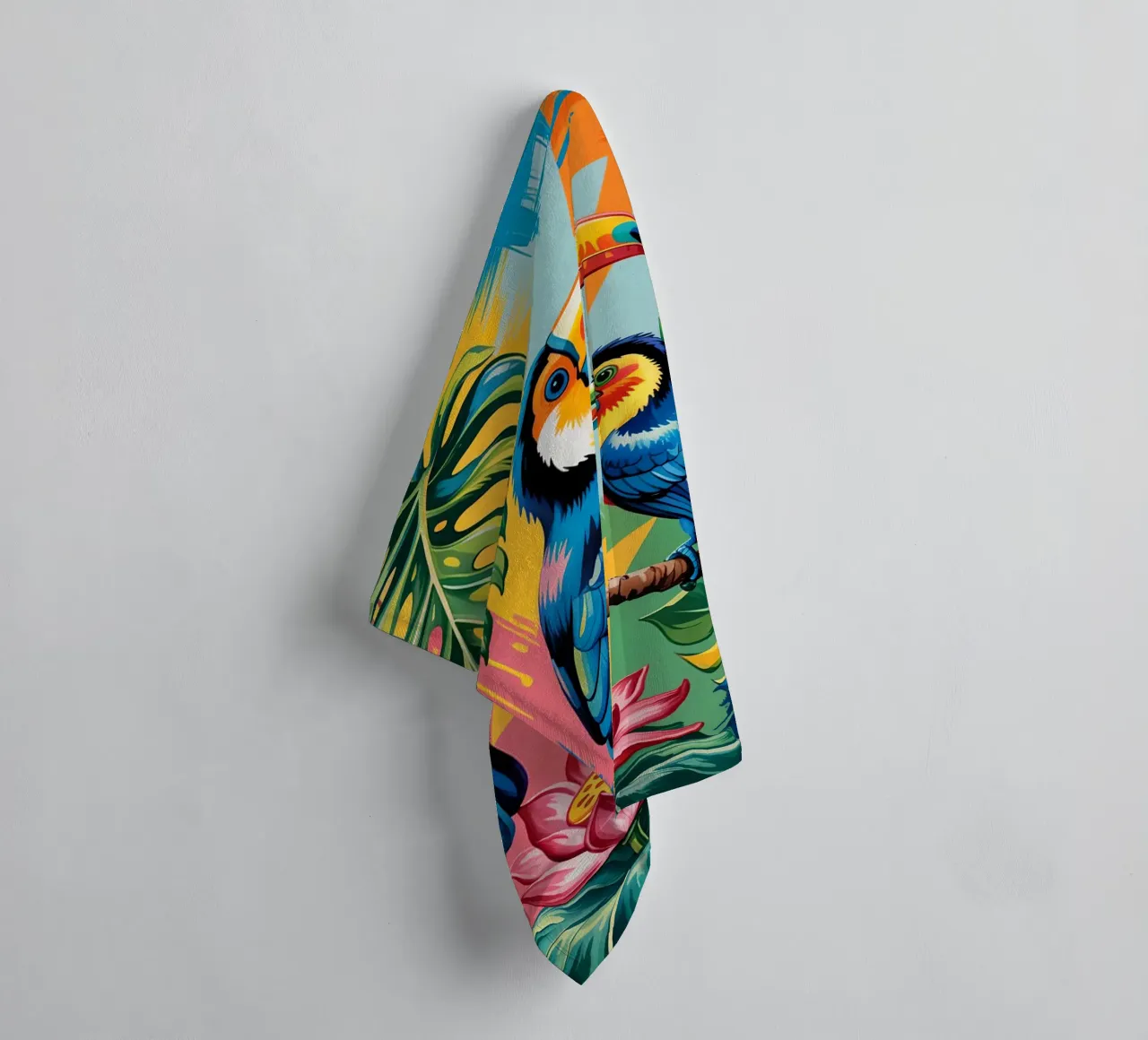 Monstera and Bird toucan Forest asciugamano da bagno da Jeff Studio