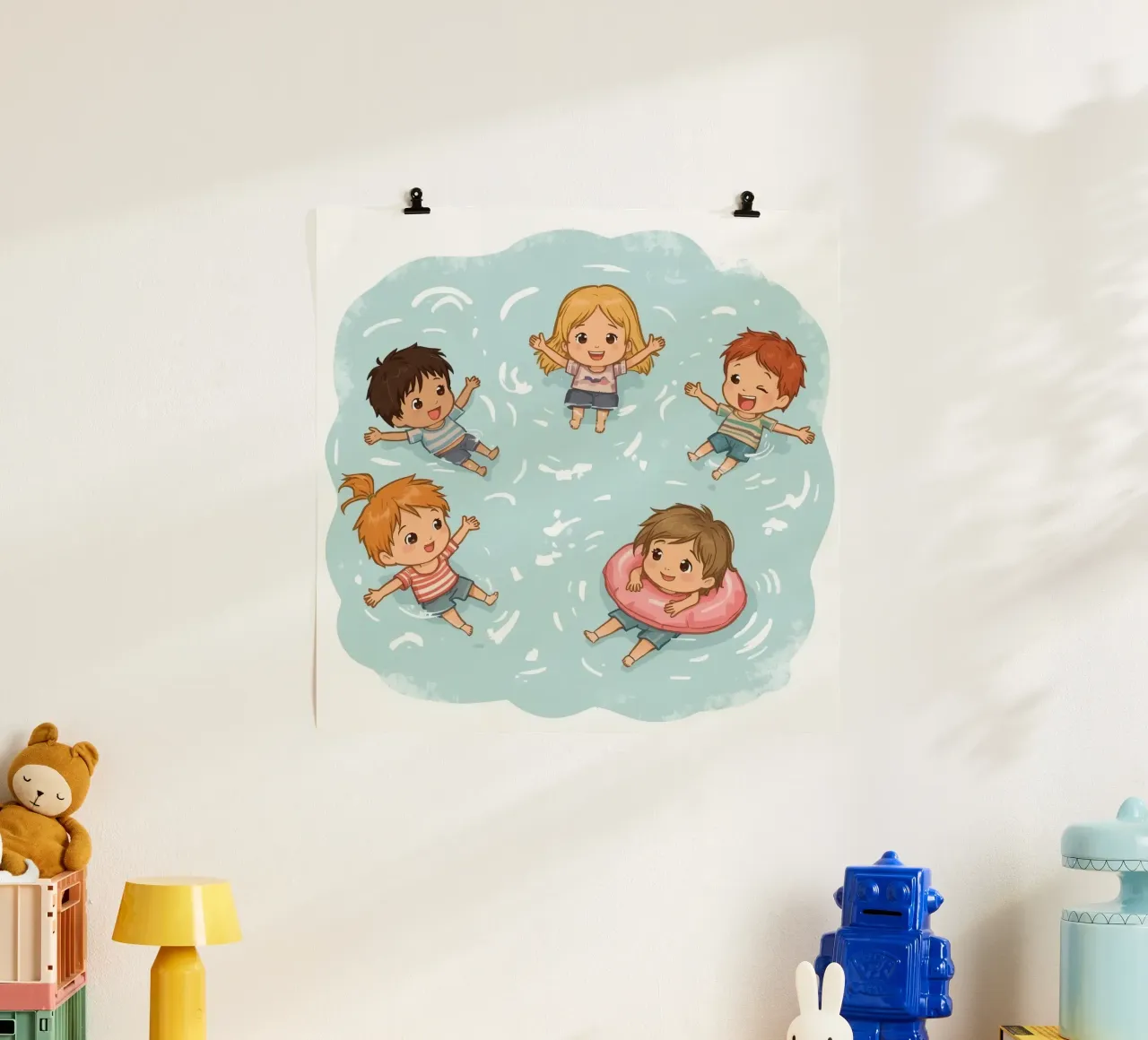 Cinq enfants de dessins animés flottant dans l'eau poster avec cadre en bois de DesignDoodle
