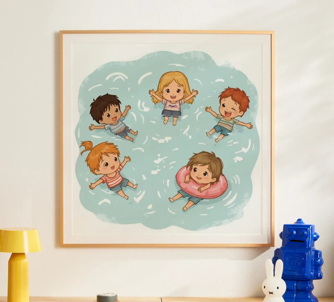 Cinq enfants de dessins animés flottant dans l'eau poster avec cadre en bois de DesignDoodle
