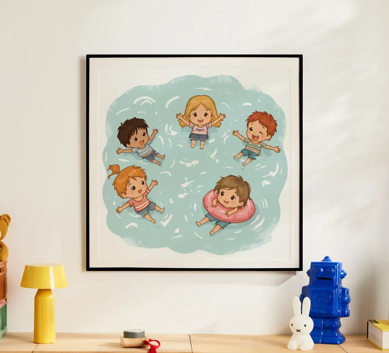 Cinq enfants de dessins animés flottant dans l'eau poster avec cadre en bois de DesignDoodle