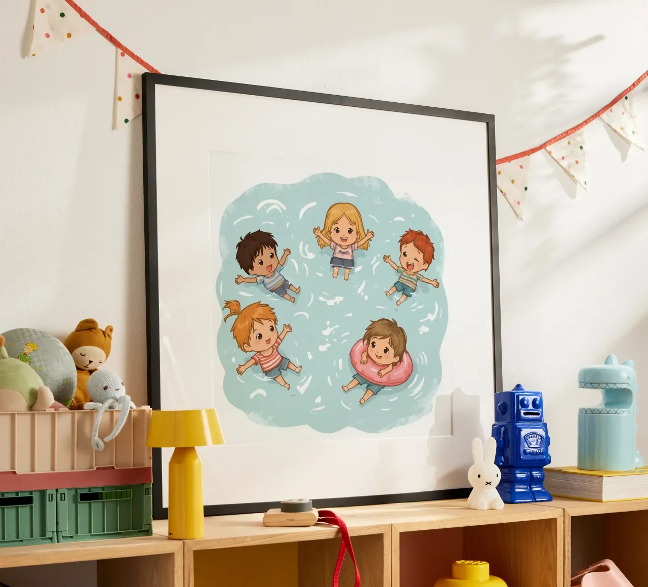 Cinq enfants de dessins animés flottant dans l'eau poster avec cadre en bois de DesignDoodle