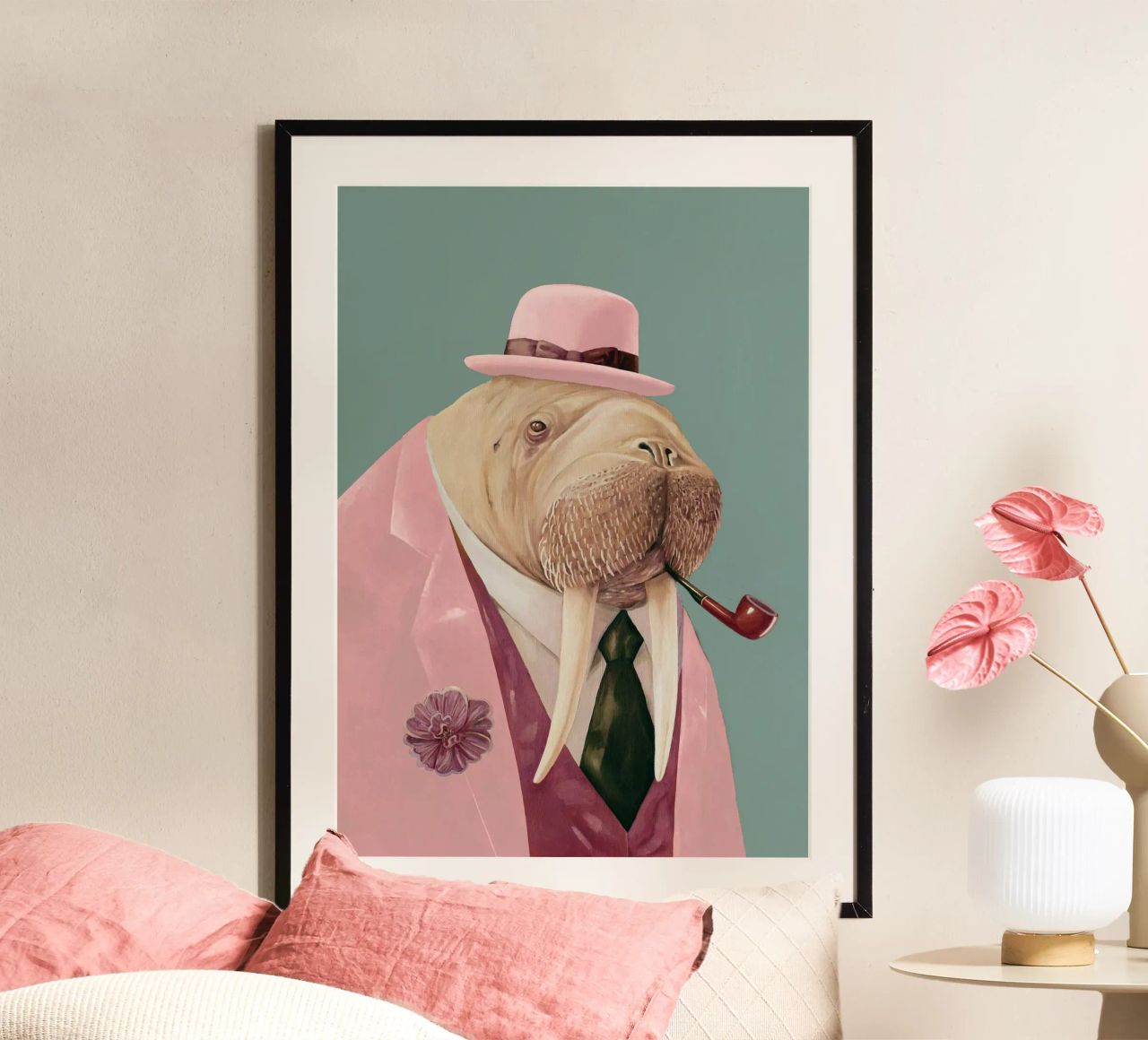 Dapper Walrus - Pink green poster van Animal Crew