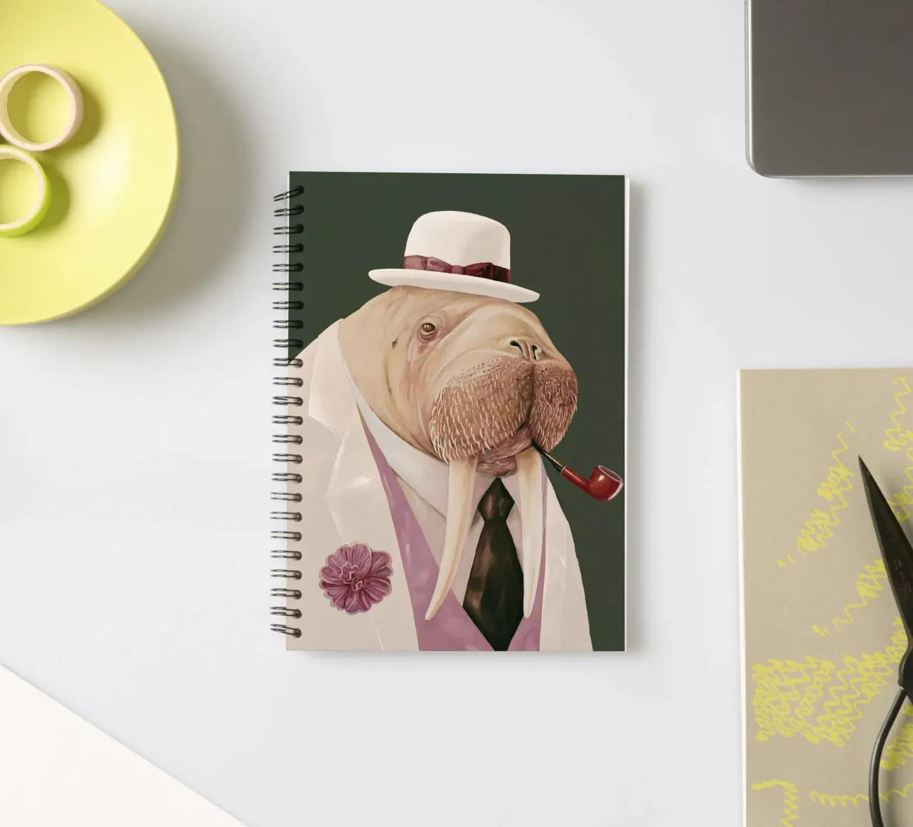Dapper Walrus - Moss Green White spiral notebook by Animal Crew