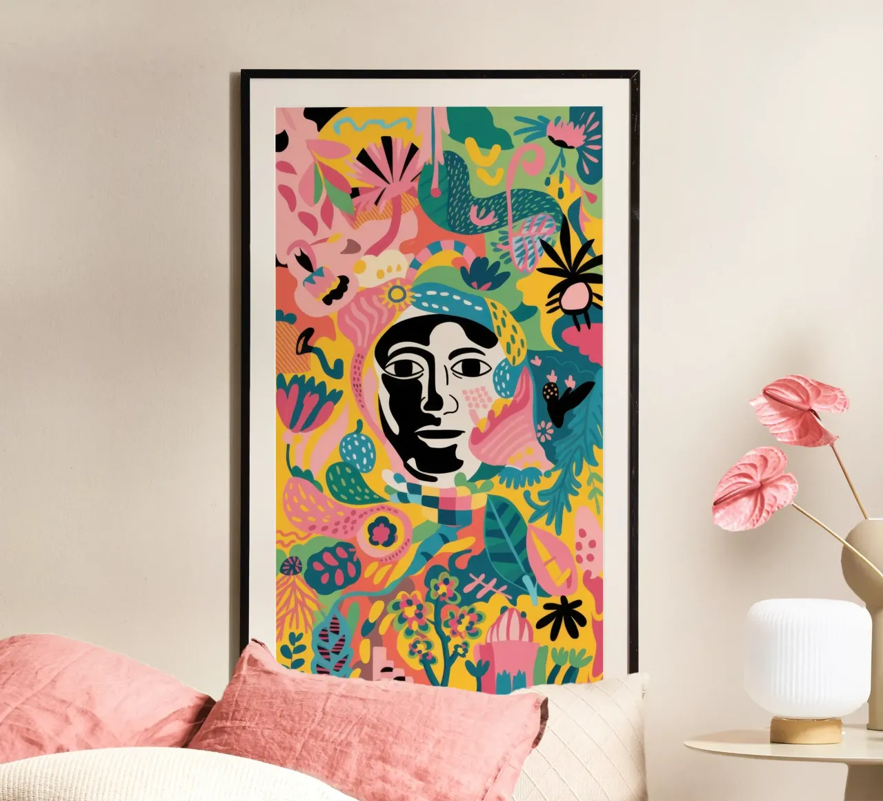 Giungla astratta di volti poster con telaio in plastica da Irish Strokes
