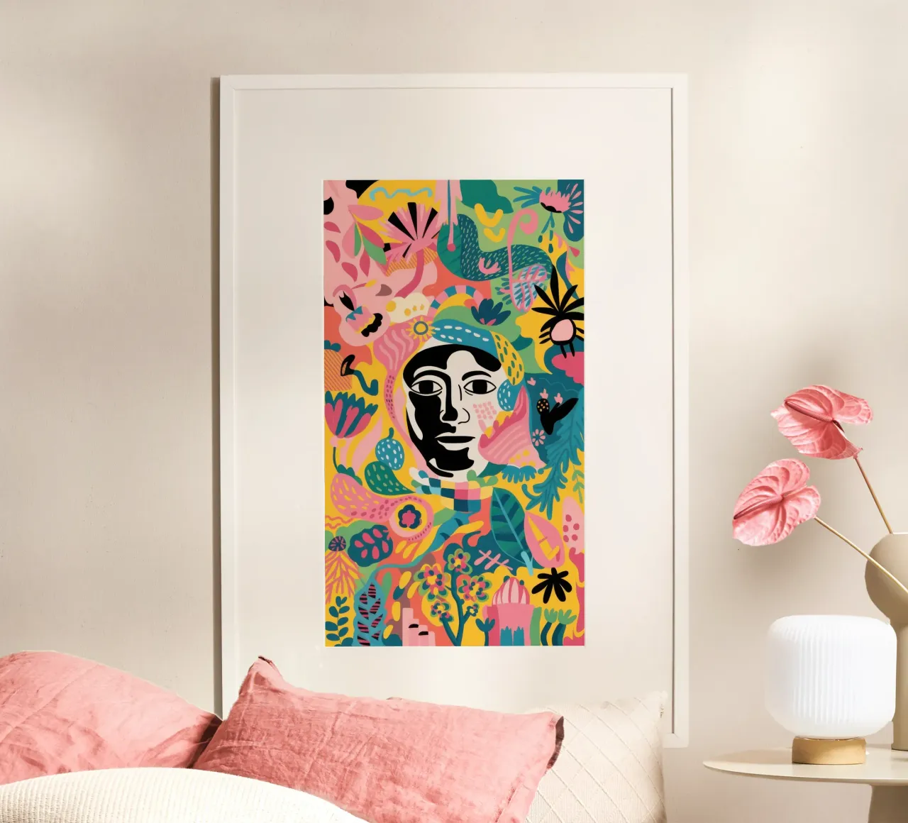 Giungla astratta di volti poster con telaio in plastica da Irish Strokes