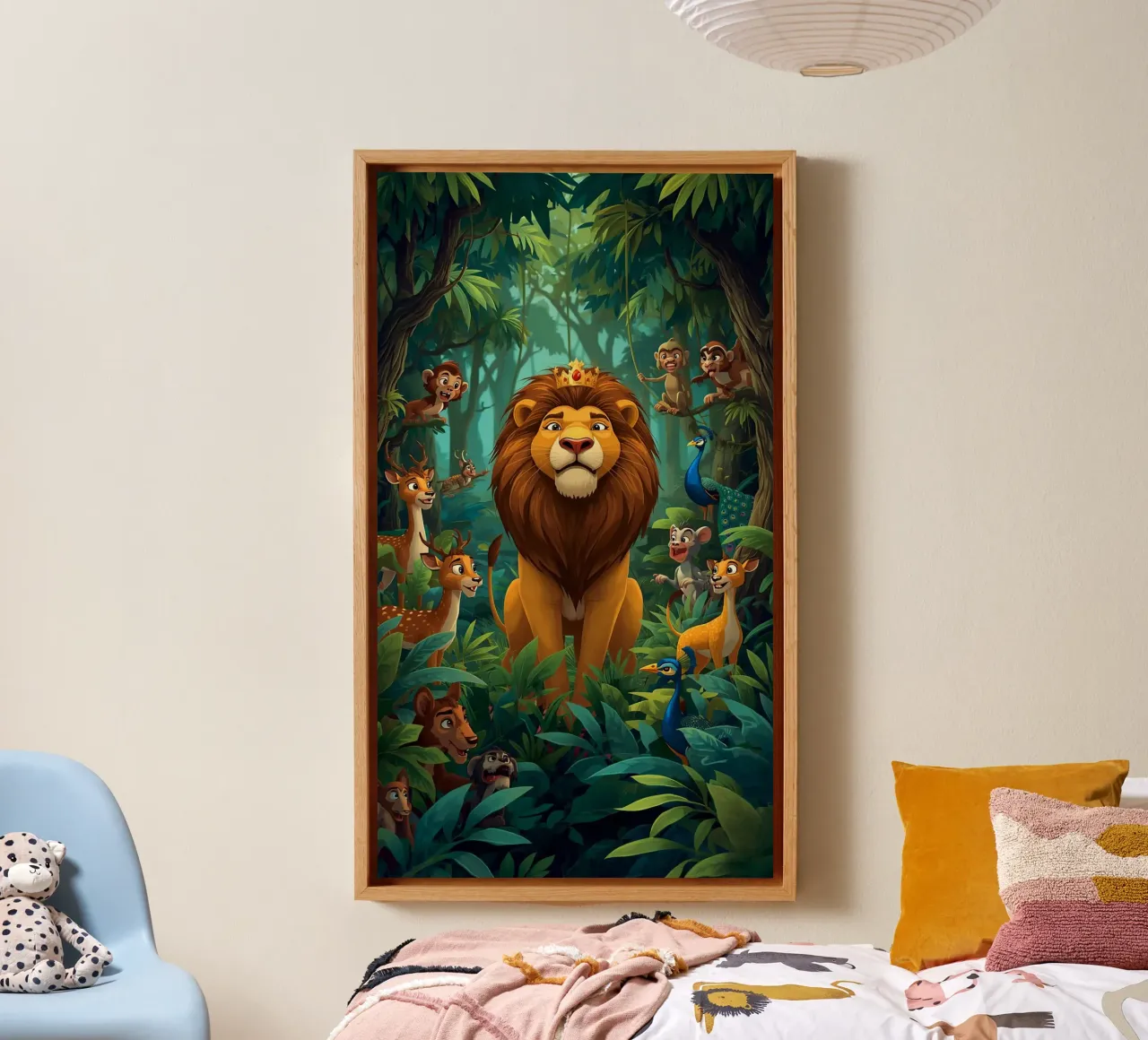 Lion in a Beautiful Forest tela con Cornice a cassetta da Jeff Studio