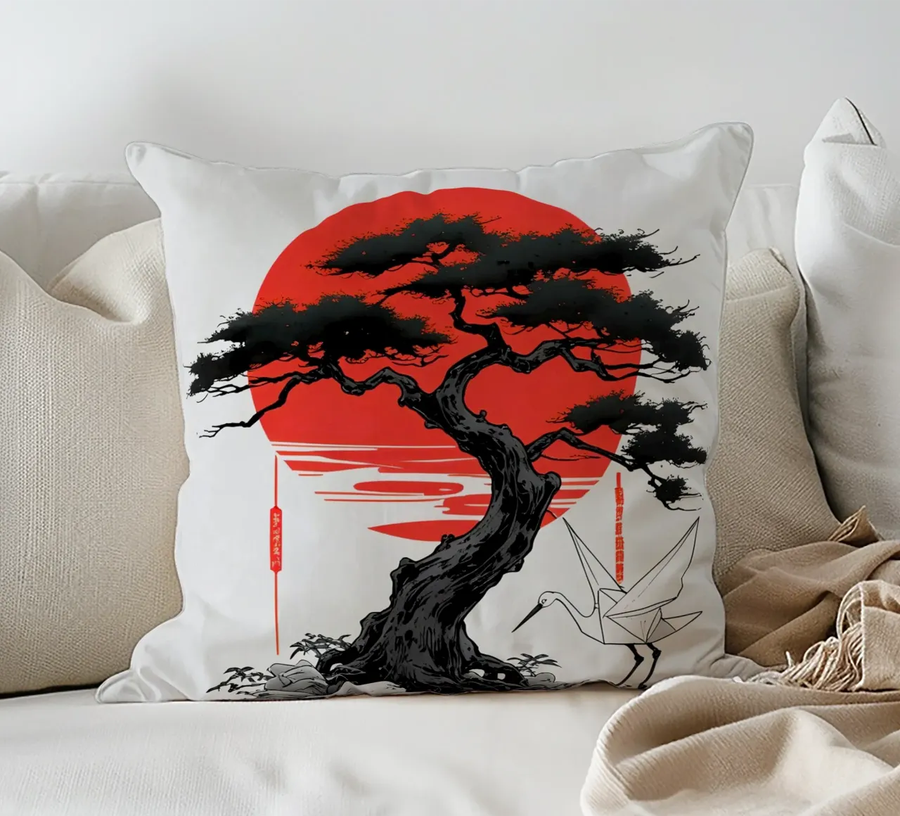 Japanese Style Crane and Tree cuscino da Jeff Studio