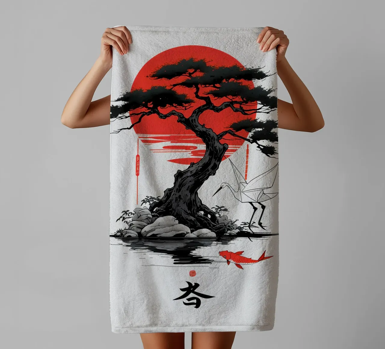 Japanese Style Crane and Tree asciugamano da bagno da Jeff Studio