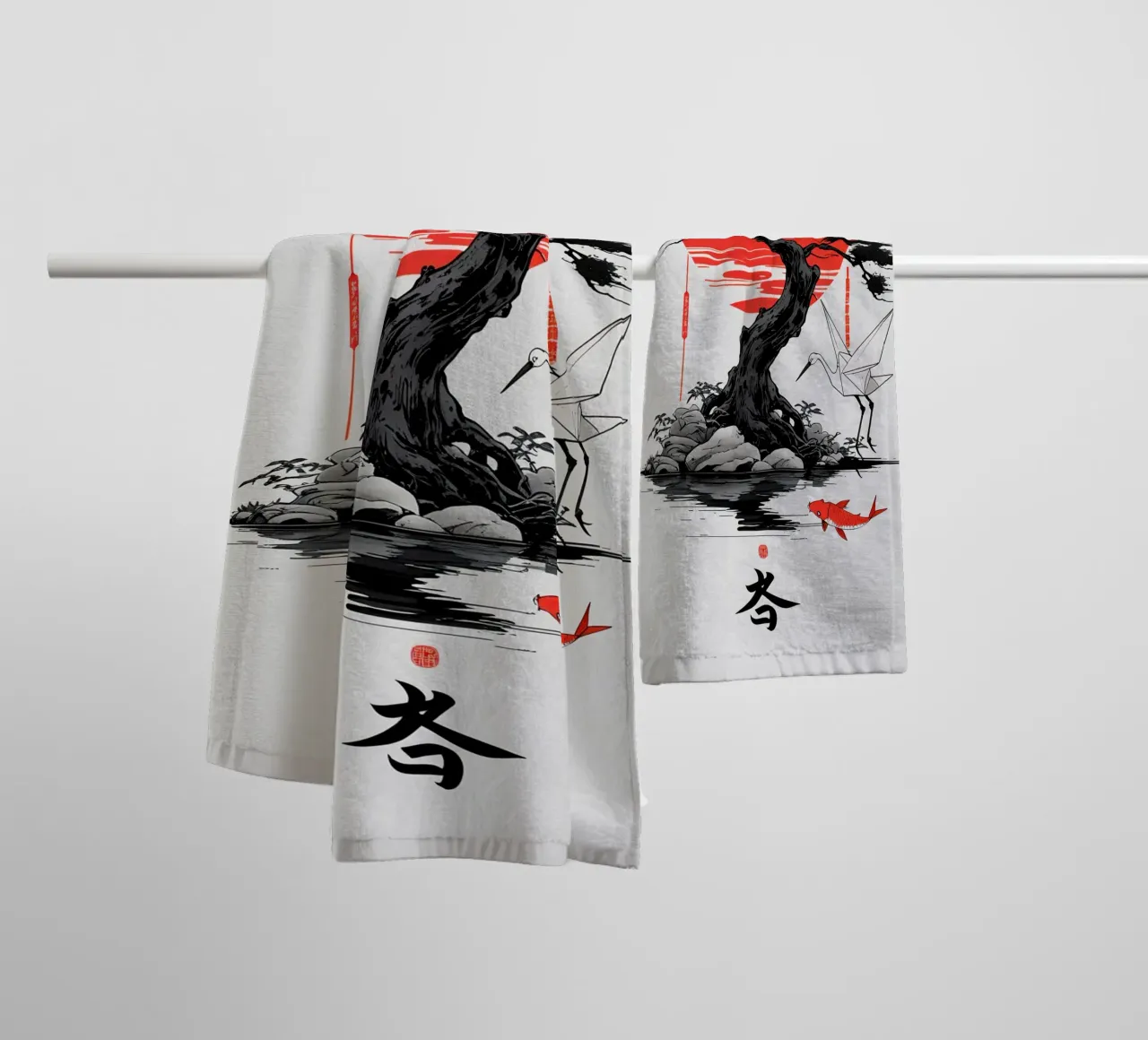 Japanese Style Crane and Tree asciugamano da bagno da Jeff Studio