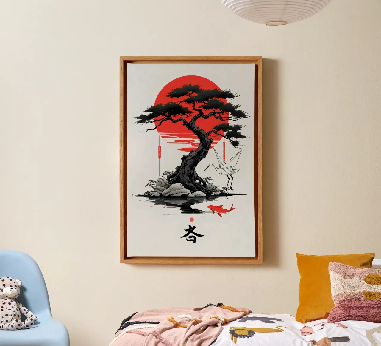 Japanese Style Crane and Tree tela con Cornice a cassetta da Jeff Studio