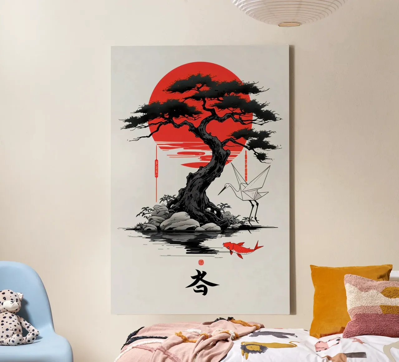 Japanese Style Crane and Tree tela con Cornice a cassetta da Jeff Studio