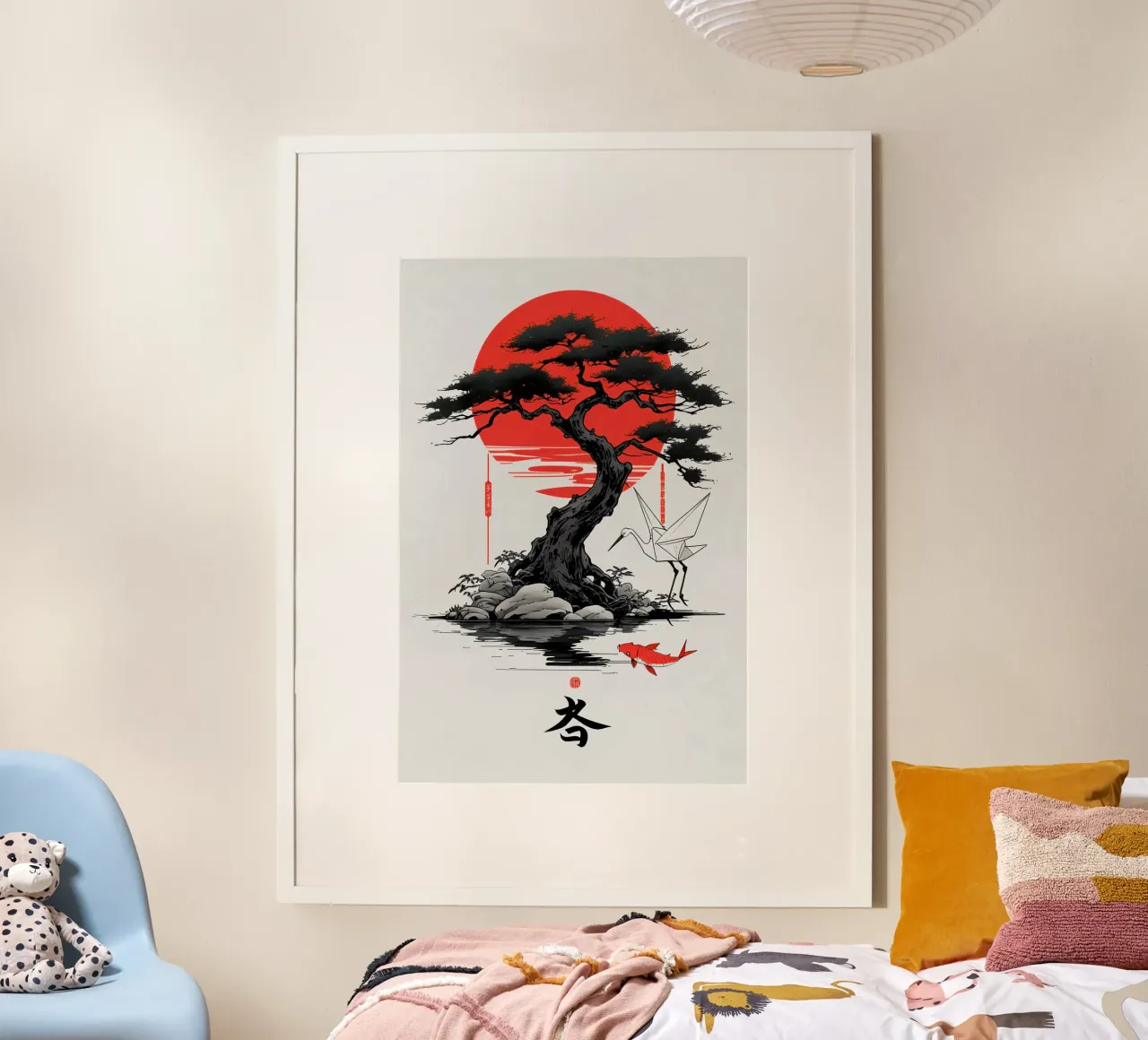 Japanese Style Crane and Tree poster con telaio in plastica da Jeff Studio