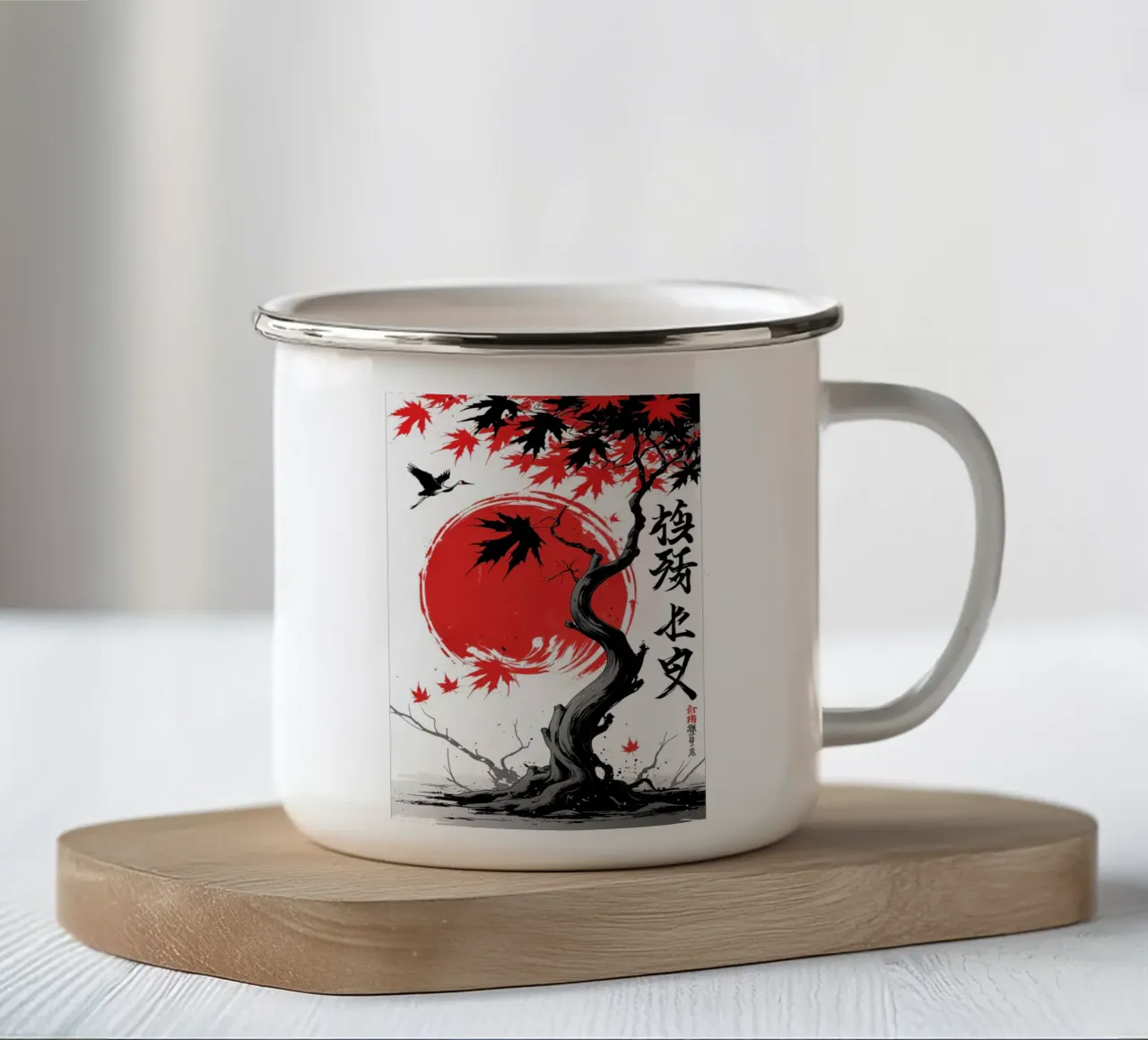 Japanese Style Crane and Tree tazza in smalto da Jeff Studio