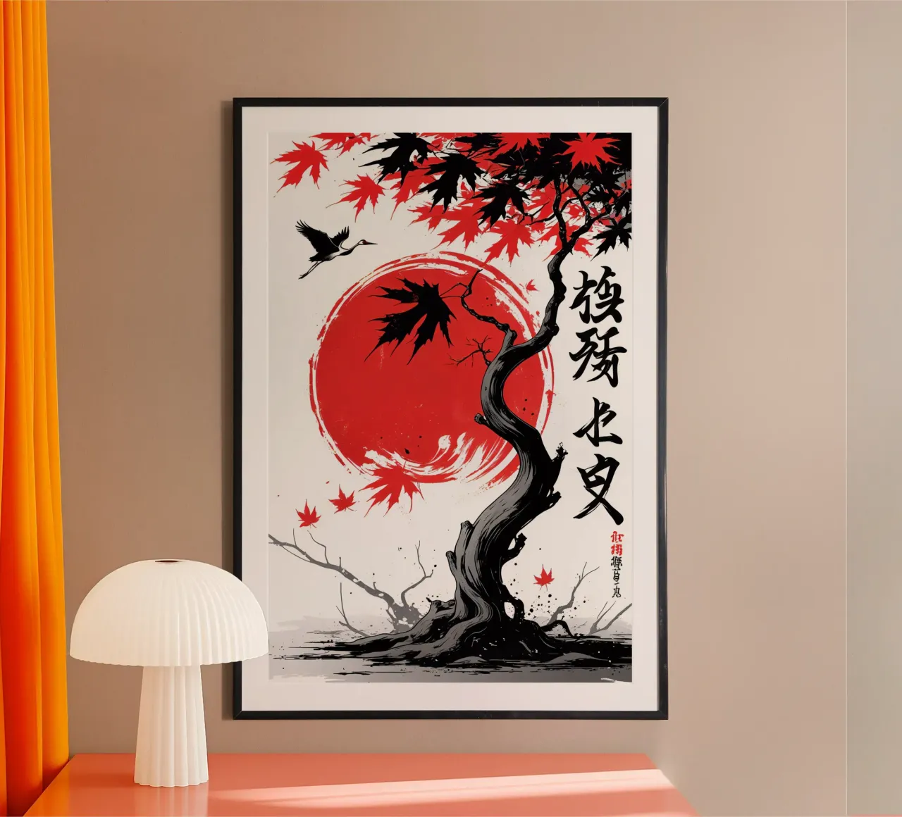 Japanese Style Crane and Tree poster con telaio in plastica da Jeff Studio