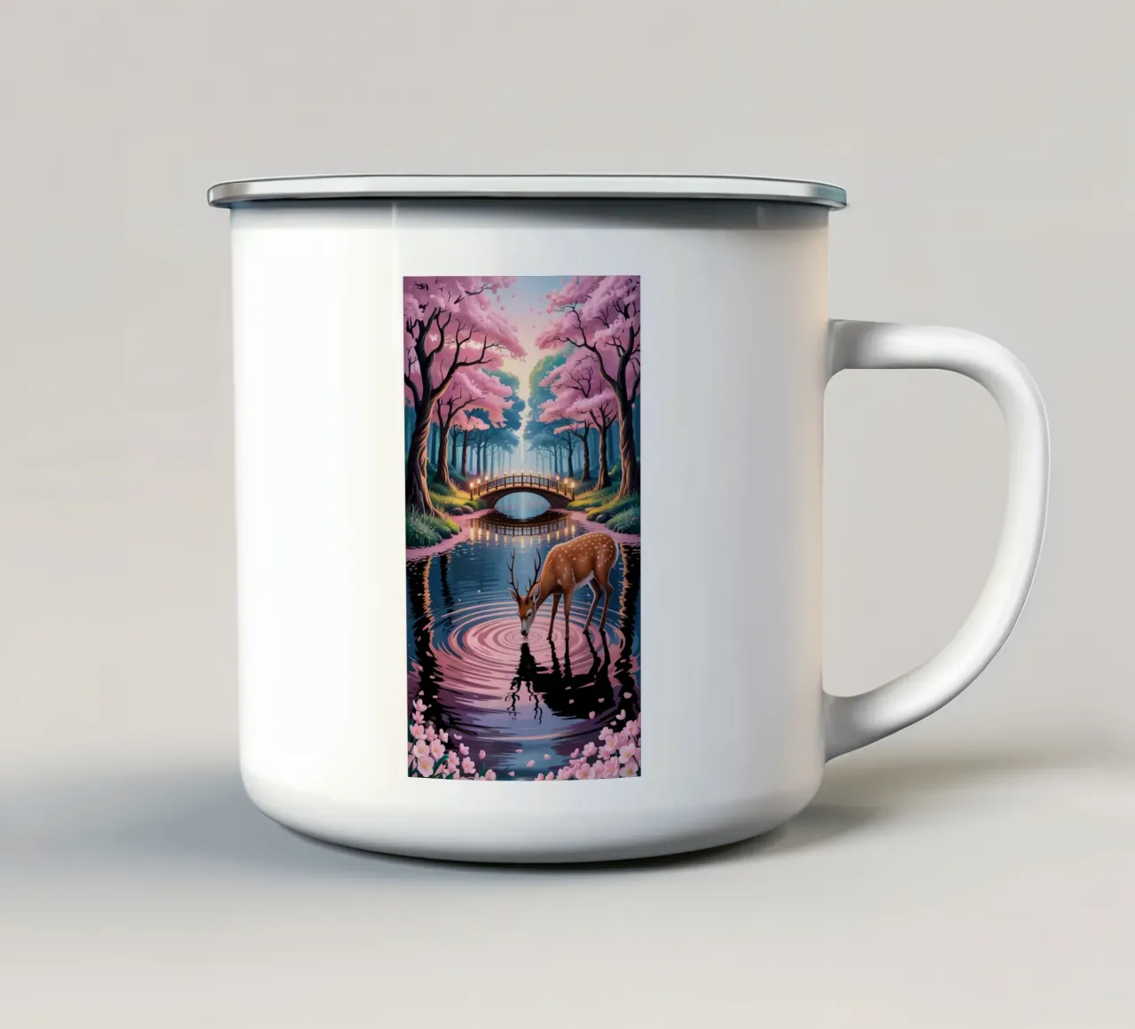 Deer With Beautiful Sakura River emaille mok van Jeff Studio