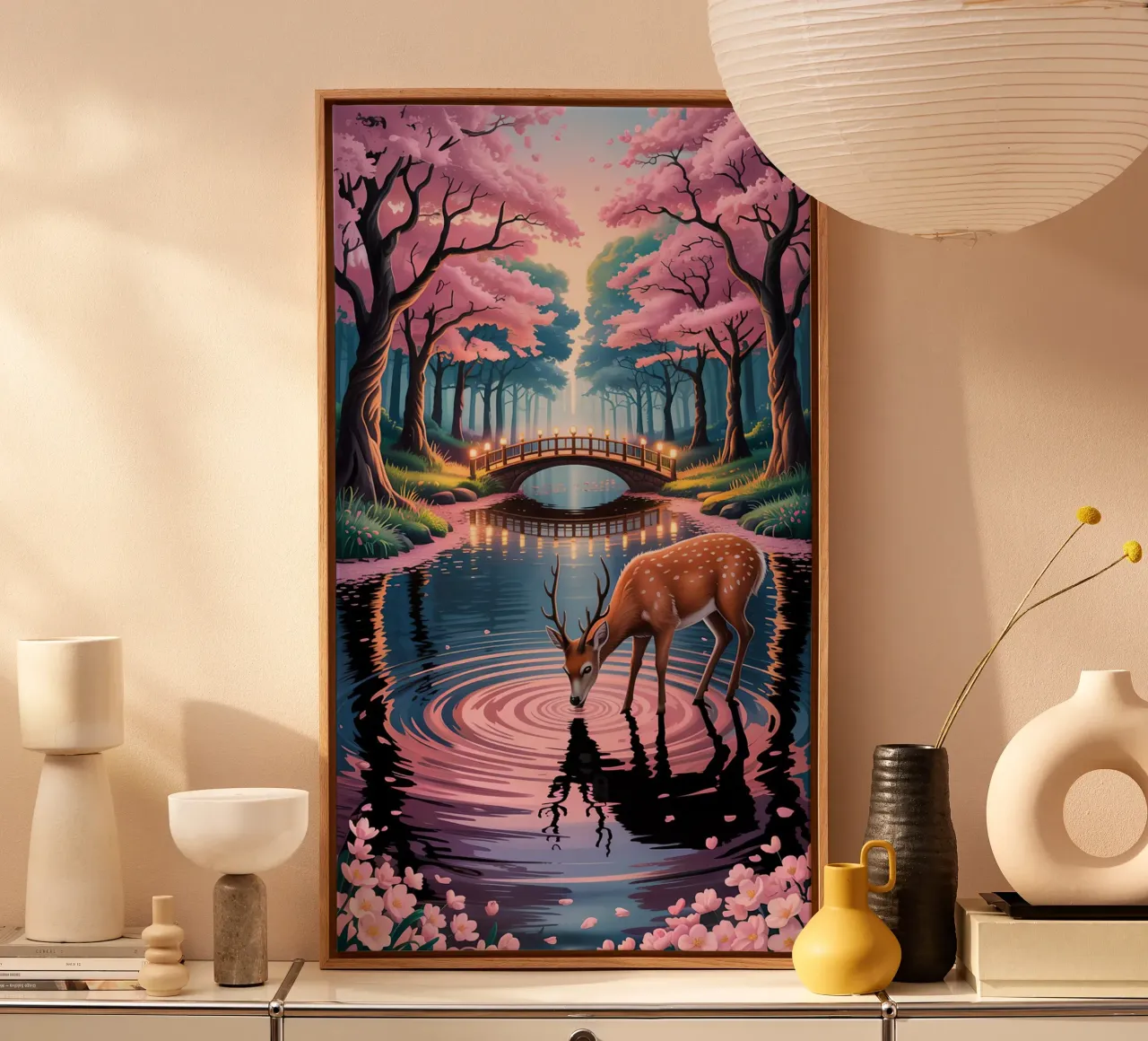 Deer With Beautiful Sakura River canvas met Baklijst van Jeff Studio