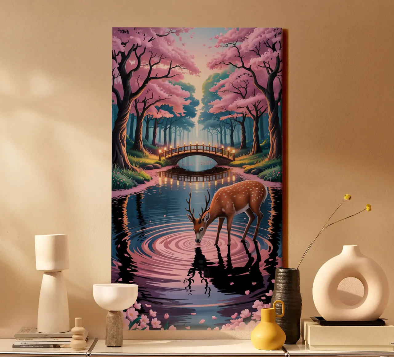 Deer With Beautiful Sakura River canvas met Baklijst van Jeff Studio