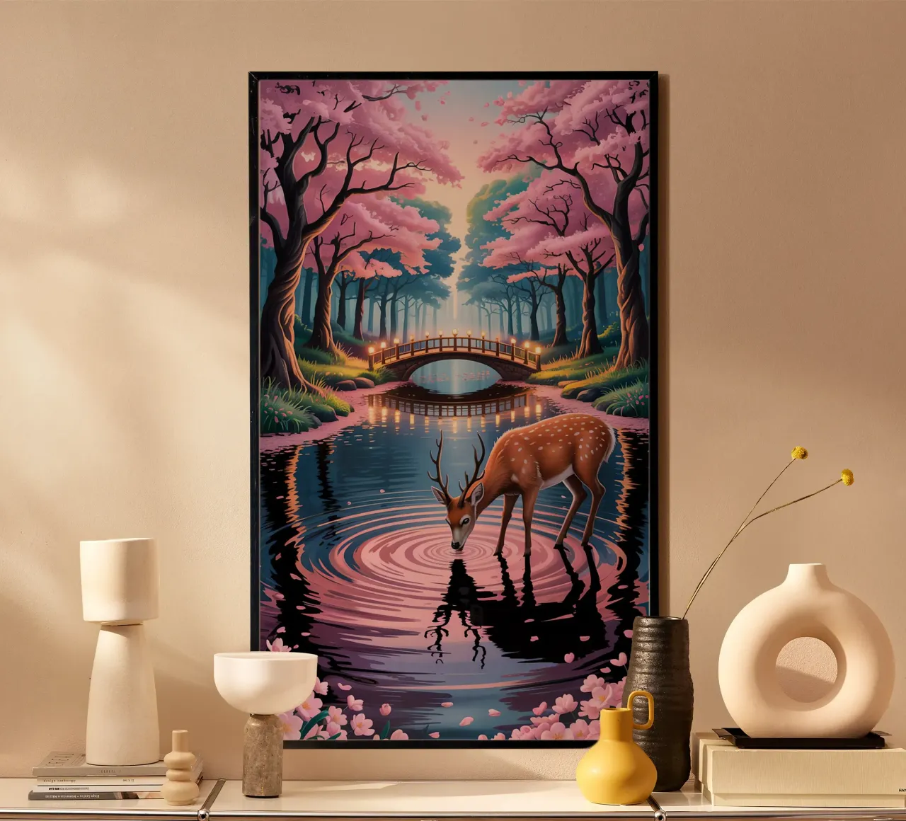 Deer With Beautiful Sakura River poster con telaio in plastica da Jeff Studio
