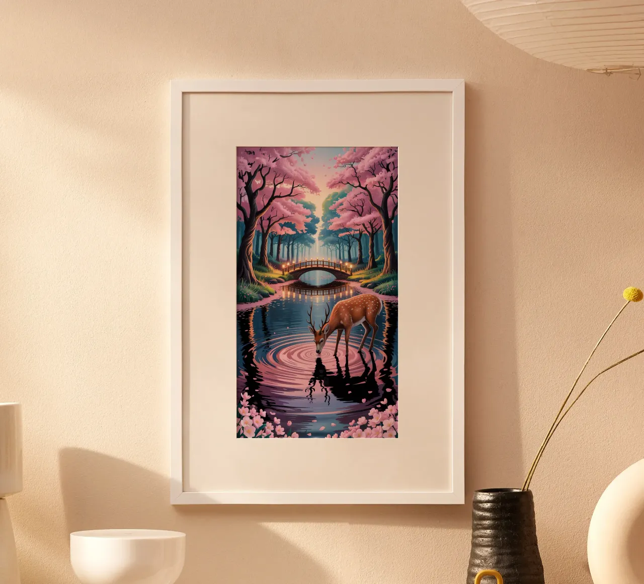 Deer With Beautiful Sakura River poster con telaio in plastica da Jeff Studio
