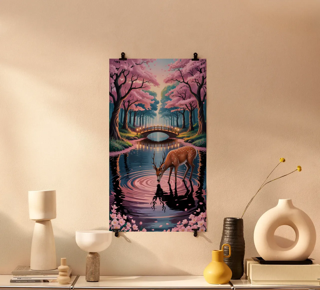 Deer With Beautiful Sakura River poster con telaio in plastica da Jeff Studio