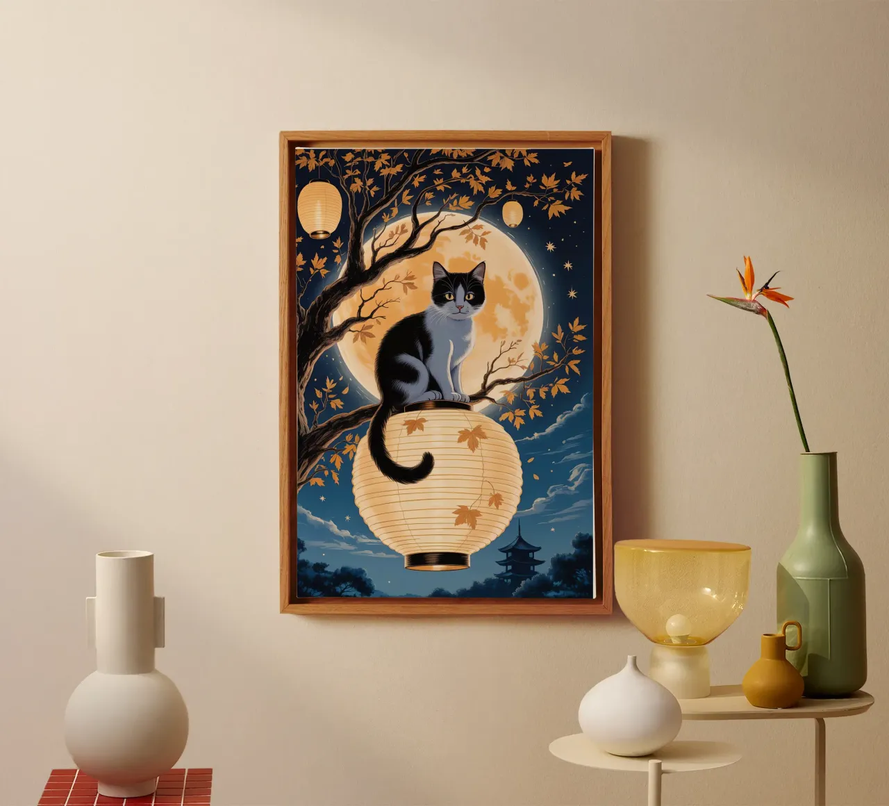 Cute Cat in Moonlight tela con Cornice a cassetta da Jeff Studio